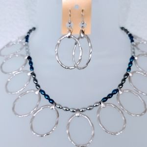 Blue, Silver, Laser Emblazoned Hematite Statement Necklace